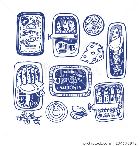 Sardina isolated vector pattern with vintage sardine cans hand drawn nautical illustration. Sardina isolated vector pattern with vintage sardine cans hand drawn nautical illustration. 134570972
