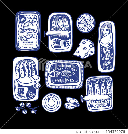Sardina isolated vector pattern with vintage sardine cans hand drawn nautical illustration. Sardina isolated vector pattern with vintage sardine cans hand drawn nautical illustration. 134570976