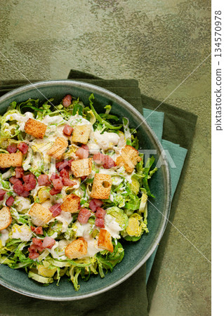Brussels sprouts Caesar salad, with bacon and croutons, healthy food, homemade, no people, 134570978