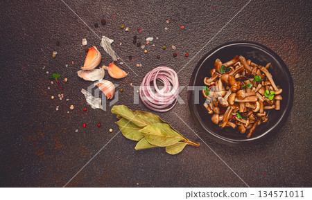 pickled honey mushrooms, in a bowl, homemade, top view, no people, pickled honey mushrooms, in a bowl, homemade, top view, no people, 134571011