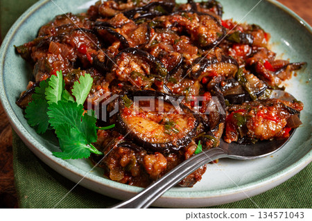 meat with eggplant, Georgian dish, homemade, no people 134571043
