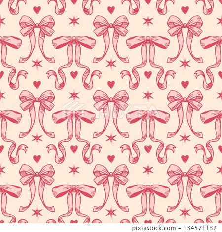 A coquettecore seamless pattern with hand-drawn bows and hearts in romantic flirty pink and ivory white tones. Perfect for vintage festive wedding or holiday aesthetics. 134571132