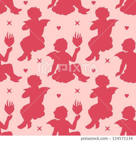 A flirty fun anti-romantic seamless background of devil Cupid silhouettes with hearts in a flame. A coquette core pink tone backdrop for alternative Valentine's designs. 134571134