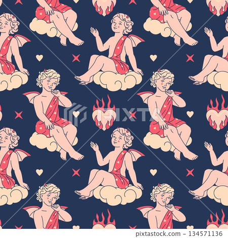 Soft darkness anti-romantic aesthetic seamless pattern with cute evil angels and hearts on a dark background. An romantic rebellion graphic with a vintage twist. 134571136