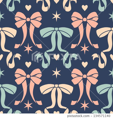 A seamless pattern with pastel bows and hearts on a dark background. Coquettish girly style backdrop. Beautiful contrast graphic for invitations and digital designs. 134571140