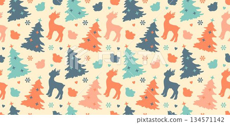 A wide Christmas seamless background with festive trees, reindeer, and birds in a pastel childish aesthetic. Perfect as holiday wallpaper, wrapping paper, or fabric. 134571142