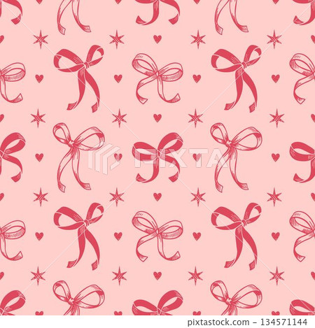 A pink seamless pattern with hand-drawn doodle bows, hearts, and stars. Flirty romantic aesthetic background for Valentine's Day and sweet endless designs. 134571144