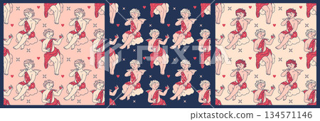 A vintage collection of devil Cupid seamless pattern designs for Valentine's Day. Features fun retro aesthetic romantic backgrounds in a flirty pastel tone palette. 134571146