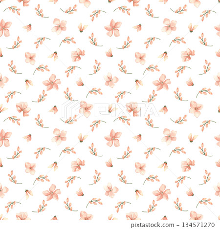 Gentle watercolor seamless pattern with tiny hand drawn flowers, buds peach colors isolated. Ditsy print for baby textile design, nursery wallpaper. Childish surface pattern in pastel tones. 134571270