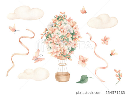 Little Pink Flowers on Hot Air Balloon clipart. Hand painted beige clouds, butterflies and satin ribbons in soft peach tones. Watercolor illustration set for nursery prints and girls room decor. 134571283