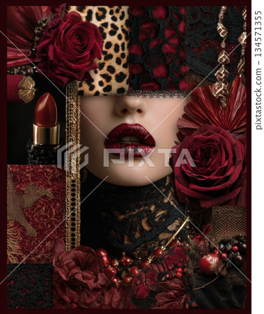 A luxurious dark burgundy collage featuring glossy red lips, velvet roses, leopard textures, lace fabrics, and rich gold accents in a dramatic fashion aesthetic A luxurious dark burgundy collage featuring glossy red lips, velvet roses, leopard textures, lace fabrics, and rich gold accents in a dramatic fashion aesthetic 134571355