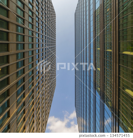 Modern skyscrapers - high-rise buildings in the down town. Bottom view. 134571455