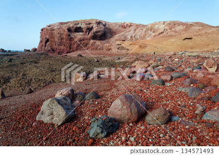 Rocky Tenerife coast around Montana Bocinegro and Montana Roja mountain, near El Medano, Canary Islands, Spain, sunny summer day Rocky Tenerife coast around Montana Bocinegro and Montana Roja mountain, near El Medano, Canary Islands, Spain, sunny summer day 134571493