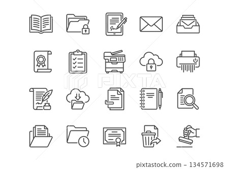 Document and Office line icons set. 20 clean black outline vector symbols representing files, folders, email, printing, cloud storage, security, and office tasks on a white background. Document and Office line icons set. 20 clean black outline vector symbols representing files, folders, email, printing, cloud storage, security, and office tasks on a white background. 134571698