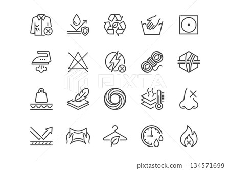 Fabric properties and material technology line icons. Vector symbols for waterproof, breathable, UV protection, thermal, sustainable, and durable textile features. Fabric properties and material technology line icons. Vector symbols for waterproof, breathable, UV protection, thermal, sustainable, and durable textile features. 134571699
