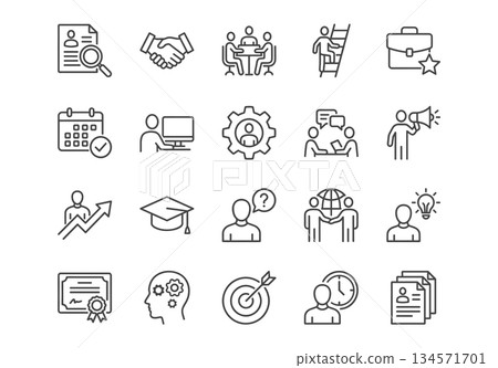 Set of 20 black line icons for career, business, recruitment, and growth. Vector illustration on white background. Set of 20 black line icons for career, business, recruitment, and growth. Vector illustration on white background. 134571701