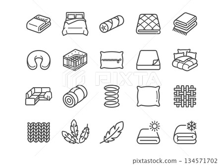 Bedroom and bedding line icon set. Vector illustration collection of beds, pillows, mattresses, blankets, textiles, feathers, and sleep-related symbols in minimalist black outline style. 134571702