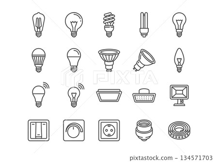 A set of 20 black outline vector icons for electricity and lighting. Includes bulbs, switches, sockets, spotlights, and smart home devices. Simple line art style on a white background. A set of 20 black outline vector icons for electricity and lighting. Includes bulbs, switches, sockets, spotlights, and smart home devices. Simple line art style on a white background. 134571703