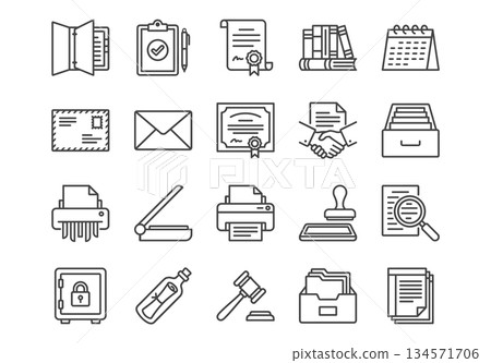 Business and office line icons set. Vector illustration collection of documents, legal, mail, and administration symbols in minimalist black outline style isolated on white background. 134571706
