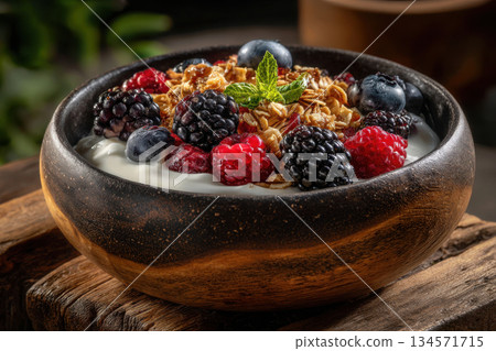 Delicious yogurt bowl topped with granola and fresh berries Delicious yogurt bowl topped with granola and fresh berries 134571715
