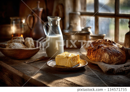 Rustic farmhouse kitchen with fresh milk and homemade butter Rustic farmhouse kitchen with fresh milk and homemade butter 134571735