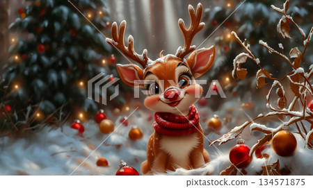 Illustration of reindeer, character, mascot, banner with copy space, Happy New Year and Merry Christmas 134571875