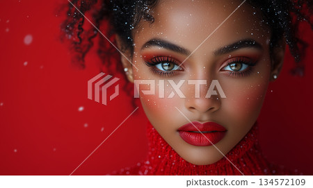 Beautiful black woman, cosmetology, beauty, festive makeup, Merry Christmas and Happy New Year, banner with copy space 134572109