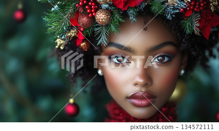Beautiful black woman, cosmetology, beauty, festive makeup, Merry Christmas and Happy New Year, banner with copy space 134572111