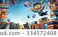 A student is surrounded on all sides by books in the library. 134572408