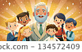 The head of the family is surrounded by family members and children. 134572409