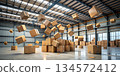 Cardboard boxes fly through the air at a postal warehouse. Shelves with boxes in a postal warehouse.  134572412