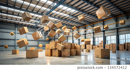 Cardboard boxes fly through the air at a postal warehouse. Shelves with boxes in a postal warehouse.  134572412