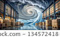Hurricane at the postal warehouse. Shelves with boxes in a postal warehouse. Parcel storage place. 134572418