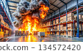 Fire at the postal warehouse. Shelves with boxes in a postal warehouse. Parcel storage place. 134572420