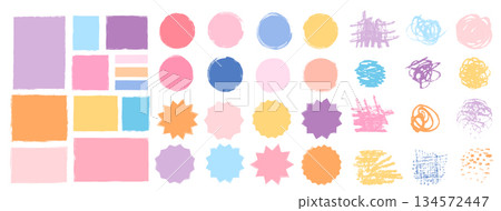Hand drawn vector set with cute pastel pencil scribbles, round and rectangular frames and borders, labels and notes with rough jagged edges for kids and baby designs Hand drawn vector set with cute pastel pencil scribbles, round and rectangular frames and borders, labels and notes with rough jagged edges for kids and baby designs 134572447