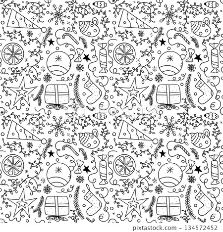 Seamless New Year's winter pattern on a white background. Gifts, garlands, stars, candies, tangerines, cocoa, socks, balls Seamless New Year's winter pattern on a white background. Gifts, garlands, stars, candies, tangerines, cocoa, socks, balls 134572452