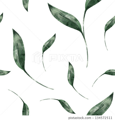 Seamless watercolor pattern with vibrant green leaves on white background. Hand-drawn botanical illustration for wallpaper, garden-themed fabric, rustic kitchen print, herbal labels, natural paper 134572511