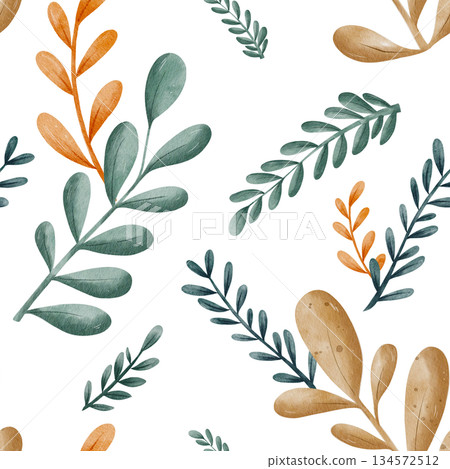 Seamless watercolor pattern of green, orange and beige autumn leaves and twigs. Botanical design on white background. For seasonal wallpaper and cozy fabric prints, farmhouse decor and wrapping paper 134572512