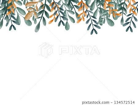 Elegant watercolor frame template with green and beige botanical twigs and leaves. White background with space for text. Hand-drawn border for wedding invitations, greeting cards and stationery 134572514