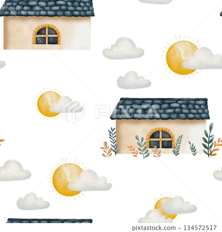 Seamless watercolor pattern with bright sun, clouds, tiled-roof house, and green plants. Landscape design for kids room wallpaper and nursery decor, fabric prints, wrapping paper, illustrations Seamless watercolor pattern with bright sun, clouds, tiled-roof house, and green plants. Landscape design for kids room wallpaper and nursery decor, fabric prints, wrapping paper, illustrations 134572517