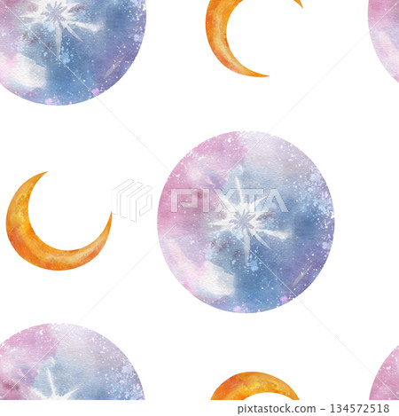 Mystical seamless watercolor pattern with magical purple balls and gold crescent moon. Hand-drawn celestial design on white background for occult wallpaper, esoteric fabric, wrapping paper, decor Mystical seamless watercolor pattern with magical purple balls and gold crescent moon. Hand-drawn celestial design on white background for occult wallpaper, esoteric fabric, wrapping paper, decor 134572518