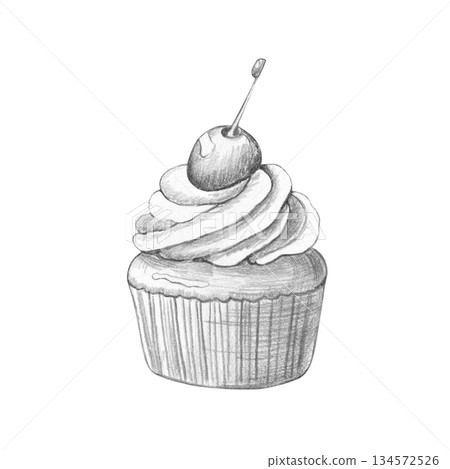 Illustration of a cupcake with cream and a cherry on top. Hand-drawn illustration in gray graphite pencil. Isolated on a white background. Sketch of sweets for cafe menus, parties, home packaging Illustration of a cupcake with cream and a cherry on top. Hand-drawn illustration in gray graphite pencil. Isolated on a white background. Sketch of sweets for cafe menus, parties, home packaging 134572526