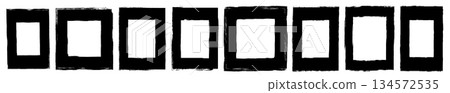 Vector set with black doodle rectangular frames and borders with rough edges, element for graphic designs 134572535