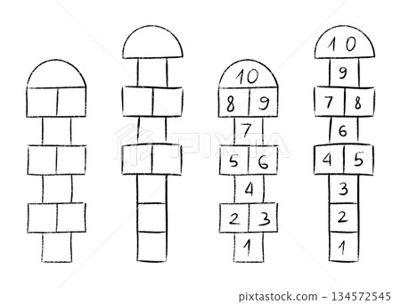 Chalk drawn hopscotch - classic playground activity on asphalt. Children jumping and playing outdoor street recreation. Vector of joyful schoolyard exercise, childhood leisure and active fun. 134572545