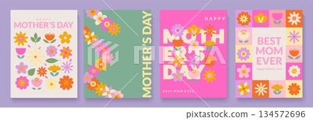 Springtime flyers for mothers day. Greeting card for happy mom holiday with spring flowers. Template for your design, web,banners, posters,social media, sales.Spring cards with floral elements. Vector 134572696