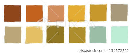 Vector set with square doodle box shapes with rough edges in neutral autumn colors, Graphic design elements in earthy brown, mustard, green, sepia and ochre colors 134572701