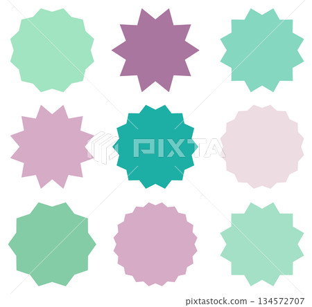Set of vector starburst symbols in teal, mint and violet colors. Sunburst empty labels or stickers for shop sales tags and graphic design Set of vector starburst symbols in teal, mint and violet colors. Sunburst empty labels or stickers for shop sales tags and graphic design 134572707