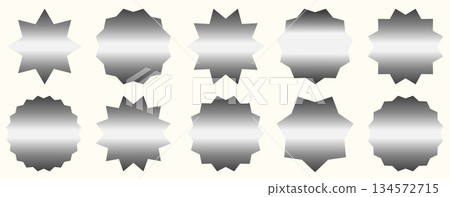Set of vector silver starburst symbols. Metallic sunburst empty labels or stickers for advertising, shop sales tags and promotions Set of vector silver starburst symbols. Metallic sunburst empty labels or stickers for advertising, shop sales tags and promotions 134572715