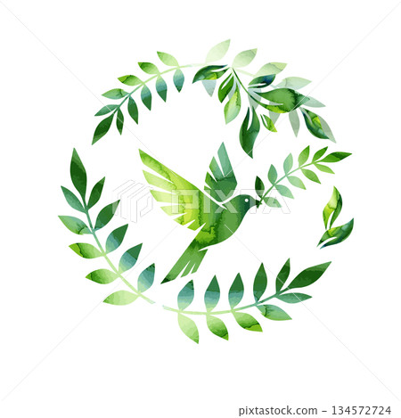 Bird in a wreath symbol. Dove of peace abstraction with a twig. Hand drawn. Not AI, vector illustration. 134572724