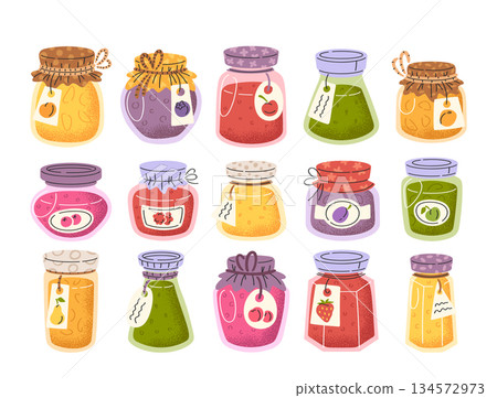 Sweet jam dessert jars and homemade treats glass bottles in colorful assortment isolated set 134572973